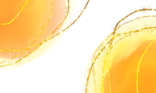 Abstract watercolor wash with golden swirls on white background