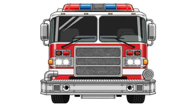 Front view illustration of a red and white fire engine with lights and sirens.