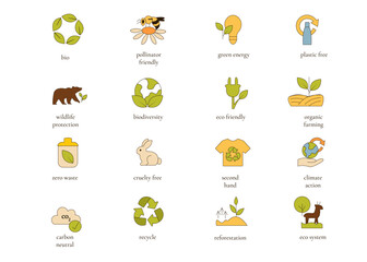 Eco Sustainability Icons Color :Bio, Pollinator friendly, Green energy, Plastic free, Wildlife, Biodiversity, Eco friendly, Organic farming, Zero waste, Cruelty free, Second hand, Climate action. 