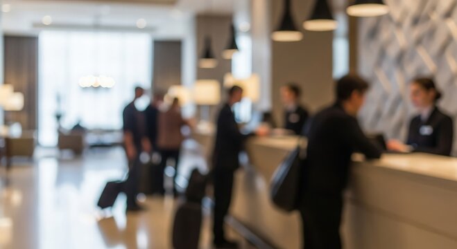 Hotel Reception Blur &ndash; Out-of-focus guests interacting with front desk staff