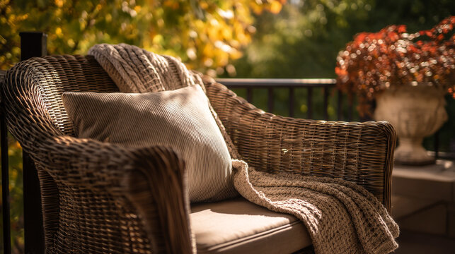 Wicker chair with cushion and blanket on a porch with autumn foliage in the background