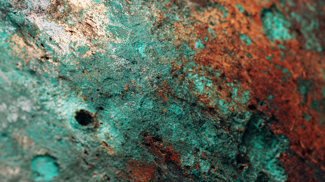 Intricate textures of aged, weathered copper reveal a mesmerizing play of colors