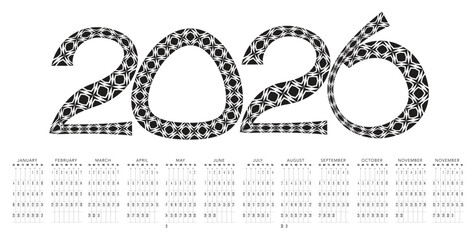 2026 calendar data black and white design