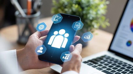 Modern Communication: Person hands holding smartphone with illuminated app icons, symbolizing connection and business