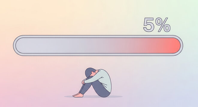 Person sitting under 5% loading bar, symbolizing exhaustion and burnout in workplace stress