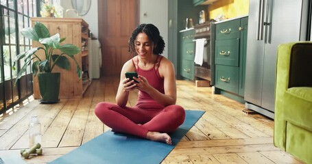 Cellphone, fitness and woman in home with typing for networking, social media or communication. Technology, happy and female person on phone for texting, chatting or contact on app in apartment. - Powered by Adobe