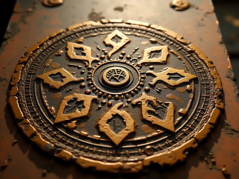 Ancient ornate circular metal artifact with intricate geometric patterns, evoking a sense of history and mystery.