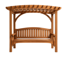 Wooden garden canopy with a bench, ideal for relaxation in small urban spaces.