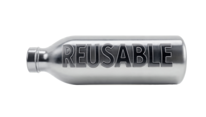 A shiny metallic silver bottle or container, horizontally positioned, with the word 'REUSABLE' prominently displayed on its surface, promoting sustainability and eco-friendliness. background removed