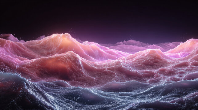 A surreal ocean landscape with pink and purple hues under a dark and cloudy sky above it