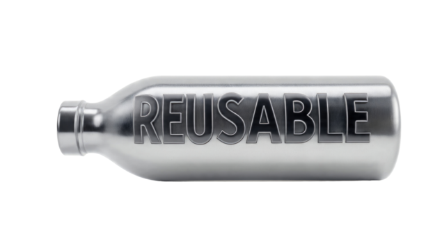 A shiny metallic silver bottle or container, horizontally positioned, with the word 'REUSABLE' prominently displayed on its surface, promoting sustainability and eco-friendliness. background removed - Powered by Adobe