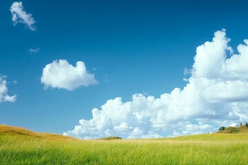 Obraz premium Green grass field on small hills and blue sky with clouds.