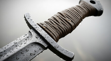 Medieval Sword Hilt with Raindrops Reflecting Light Close Up Weaponry Heritage Culture
