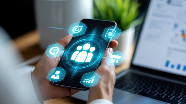 Smartphone Social Hub: The image showcases a close-up of hands expertly holding a smartphone, the screen illuminating with a network of digital icons that represent connection and communication. 