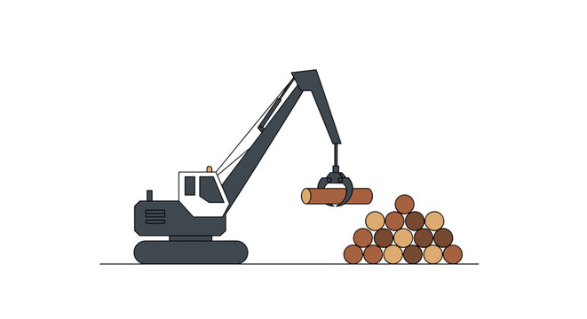 Timber  crane lifting logs from stacked wood in industrial environment  
