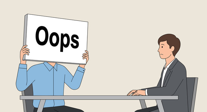 Business employee holding "Oops" sign during consultation, mistake acknowledgment and communication in corporate setting