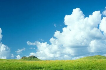 Fototapeta premium Green grass field on small hills and blue sky with clouds.