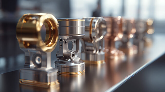 A close-up shot of a row of intricate machine parts with metallic finish