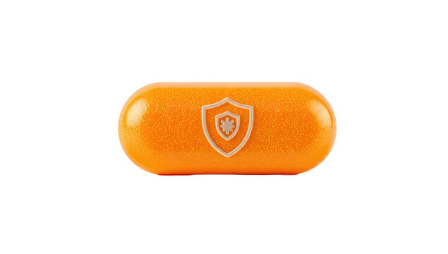 An orange, capsule-shaped object features a shield icon with a virus symbol, representing immunity, health protection, or antivirus defense. background removed