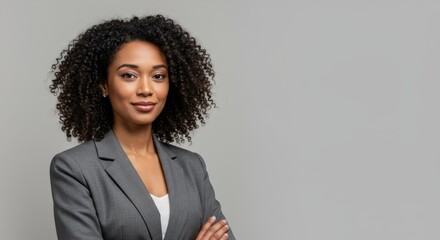 Confident african american woman in a grey suit with arms crossed, smiling at camera. Professional business concept.