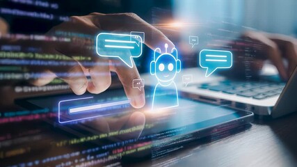 A hand interacts with a glowing AI chatbot hologram above a tablet and laptop, digital messages and code, emphasizing virtual assistant technology, automation, client service and smart communication.