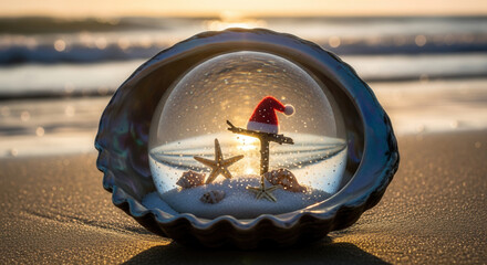 Seashell snow globe with beach scene and Santa hat on sunny shoreline, holiday decor and coastal Christmas theme