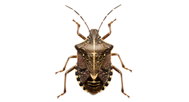 Close up of brown marmorated stink bug on blackground on transparent background