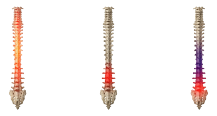 Three spine models showing back pain in cervical and lumbar areas. on a pure white studio background
