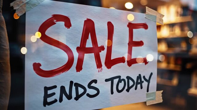 Sale ends today poster with big letters hanging on glass door. Notice sale ends today, attached with tape, visible against blurred background. Concept sale ends today ideal for advertising videos.
