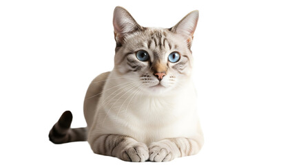 A light colored cat with blue eyes is lying down on transparent background