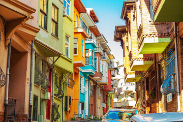 Fototapeta premium Colorful houses in the Balat and Fener districts. A popular tourist attraction in Istanbul.