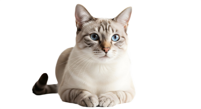 A light colored cat with blue eyes is lying down on transparent background