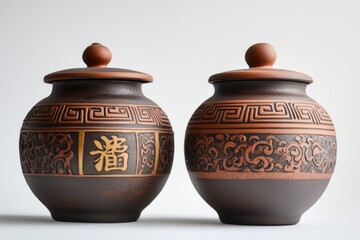 A traditional Chinese pottery jar with intricate designs and a wooden lid, showcasing the craftsmanship of ancient Chinese artisans.