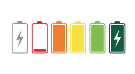 Battery charge level indicators showing different capacities and energy levels in row