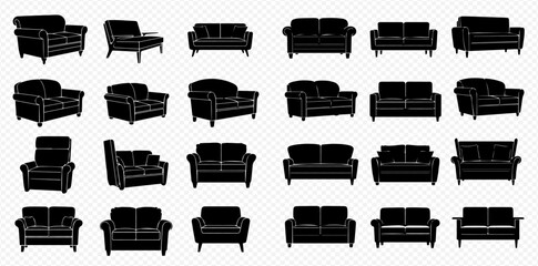 A comprehensive collection of black silhouette icons depicting various styles of sofas, couches, and armchairs for interior design and furniture illustrations.