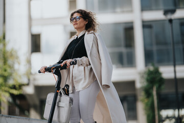 A stylish professional woman rides an electric scooter through a modern cityscape, exuding confidence and independence. Ideal for stories about business, travel, and urban lifestyle moments. © qunica.com
