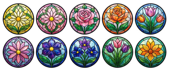 Ten colorful circular stained glass flower patterns. cutout on transparent background