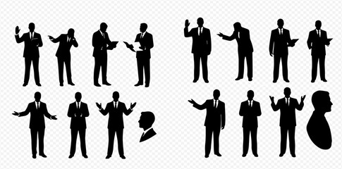 Collection of black silhouettes depicting businessmen in various professional poses, gesturing, holding a laptop, and presenting documents.