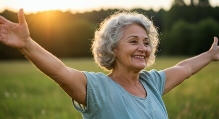 Senior woman with outstretched arms expressing freedom and happy at sunset. Happiness concept. Summer nature background.