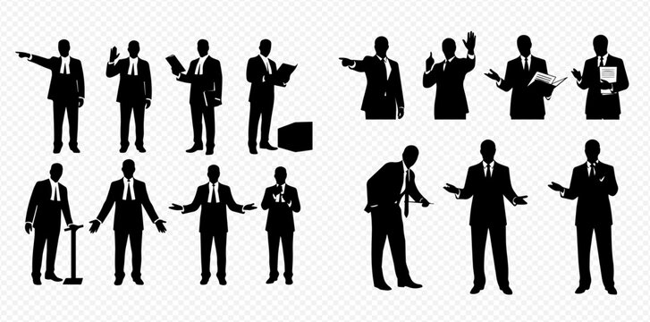Silhouettes of businessmen in various poses, gesturing and holding documents, suitable for professional presentations.