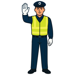 Traffic police officer raising hand in a stop gesture, directing cars and people for safety control and road management