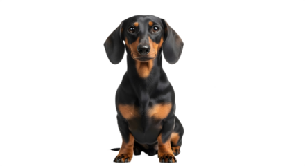 A dachshund dog sitting and looking at the camera on transparent background