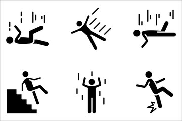 Falling person set. Caution sign on white background