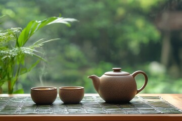 A serene garden scene with a traditional teapot and two teacups, set against a backdrop of lush greenery and a wooden table.