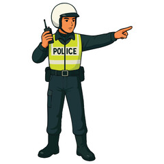 Police officer illustration pointing right and holding a walkie-talkie, giving clear direction or instruction