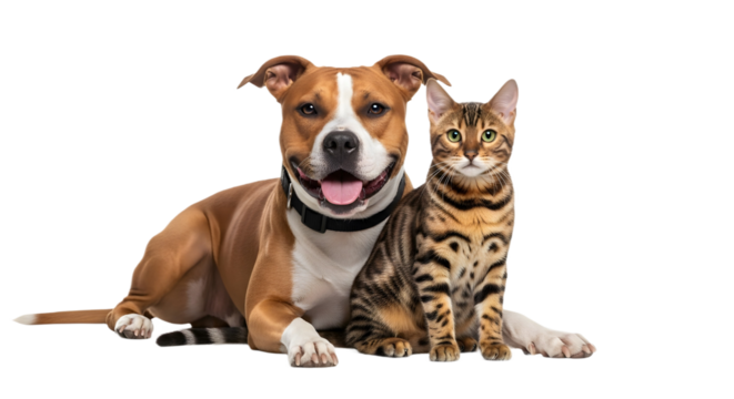 Dog and bengal cat posing together on transparent background