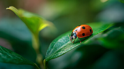 Close up of a ladybug resting on a vibrant green leaf with blurred background foliage