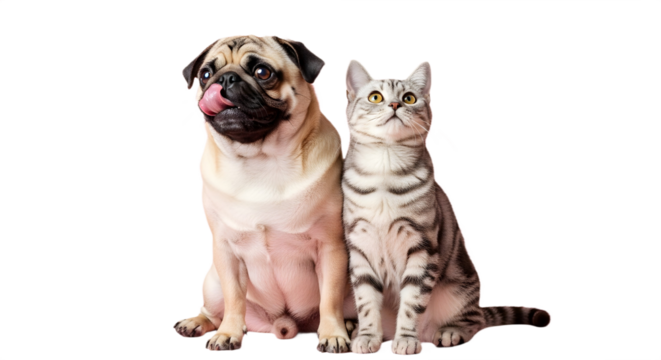 A pug licking its nose next to a tabby cat sitting on transparent background