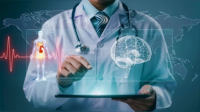 Doctor with tablet, digital health dashboard, AI diagnosis panel, human anatomy model, brain hologram, biometric data interface, clinical monitoring, futuristic medical technology display. - Powered by Adobe