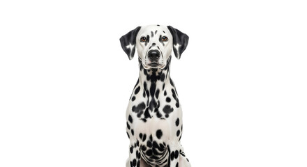 A dalmatian dog sitting and looking at the camera on transparent background